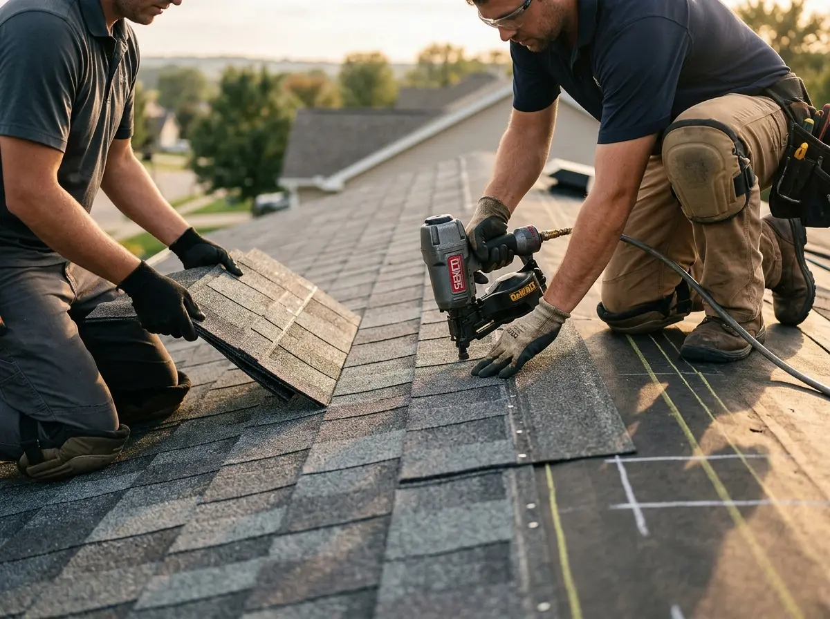 Professional roofer working on a residential roof in Mehlville